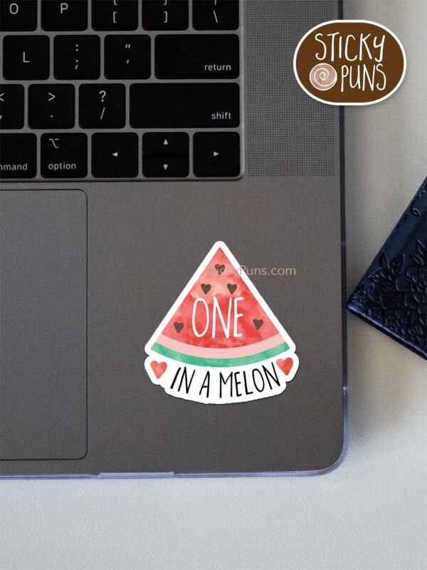 one in a melon pun sticker shown stuck on a laptop