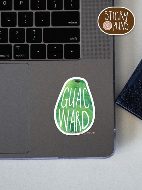 guacward pun sticker shown stuck on a laptop