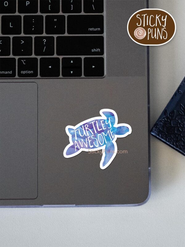 turtley awesome pun sticker shown stuck on a laptop