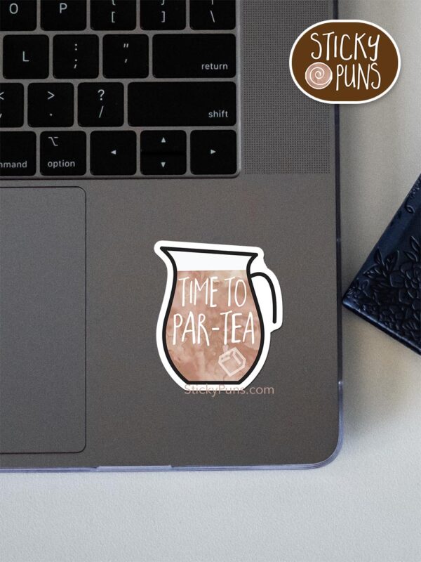 time to par-tea pun sticker shown stuck on a laptop