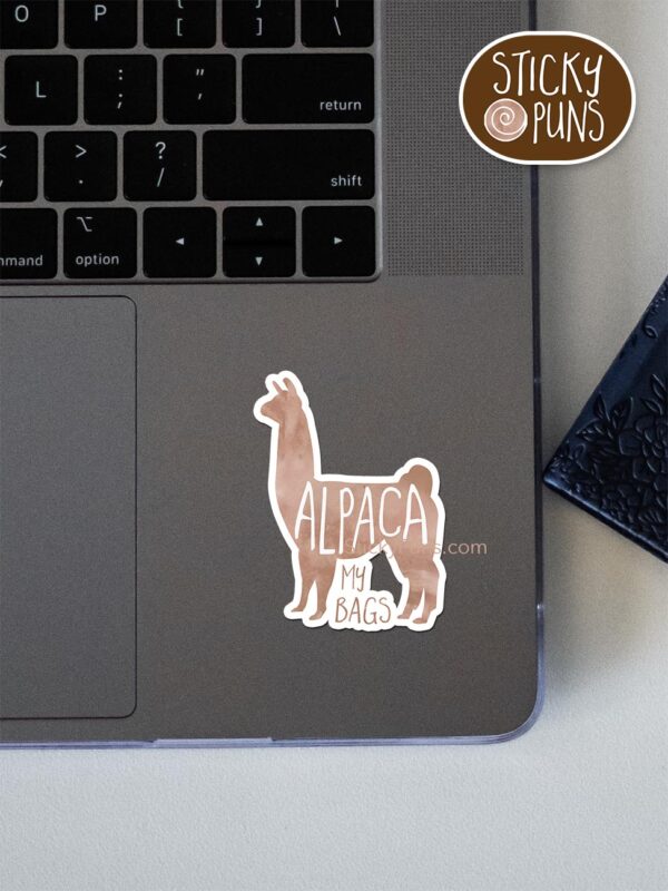 alpaca my bags pun sticker shown stuck on a laptop