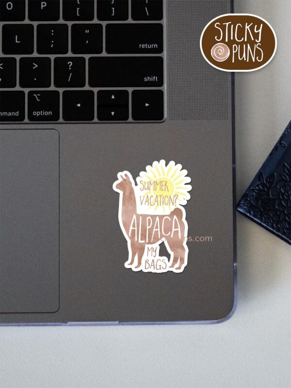 alpaca my bags pun sticker shown stuck on a laptop