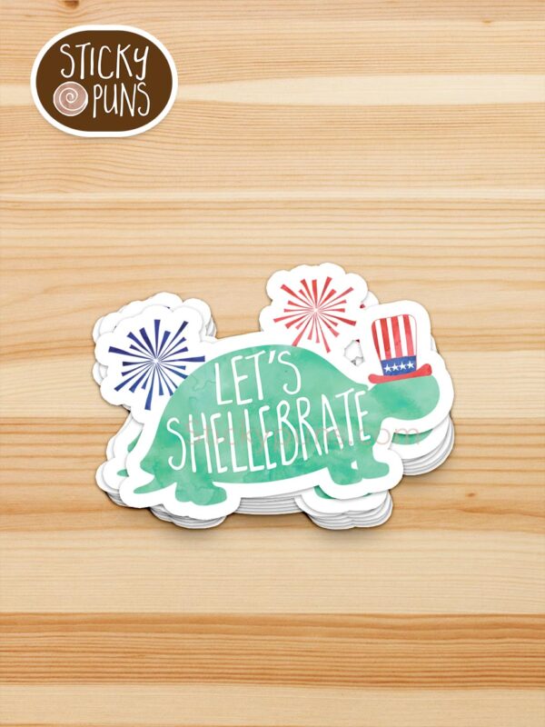 stack of Let's Shellebrate! pun stickers