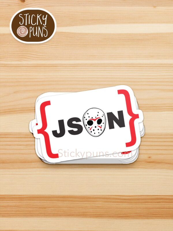 stack of JSON - Jason Voorhees programming pun stickers