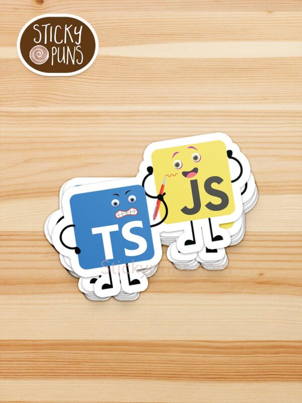 stack of Typescript drawing squiggles on Javascript front end programming pun stickers