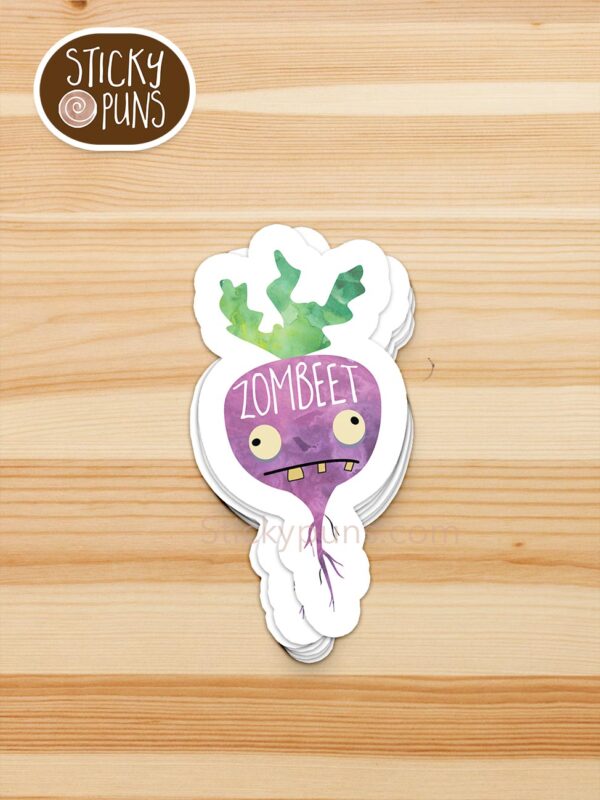 stack of 'ZomBEET' zombie beet pun stickers