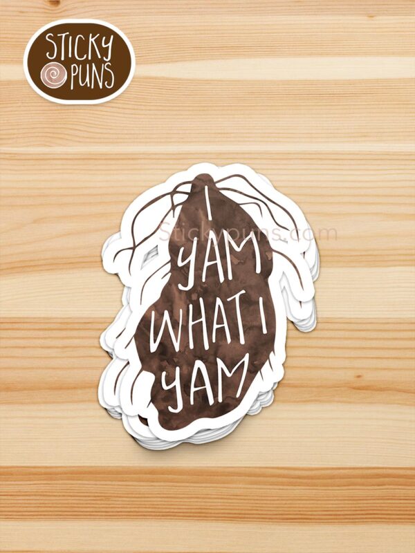 stack of I yam what I yam pun stickers