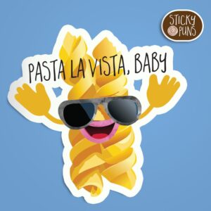 funny spanish pasta pun sticker - a piece of spiral pasta wearing sunglasses saying pasta la vista baby
