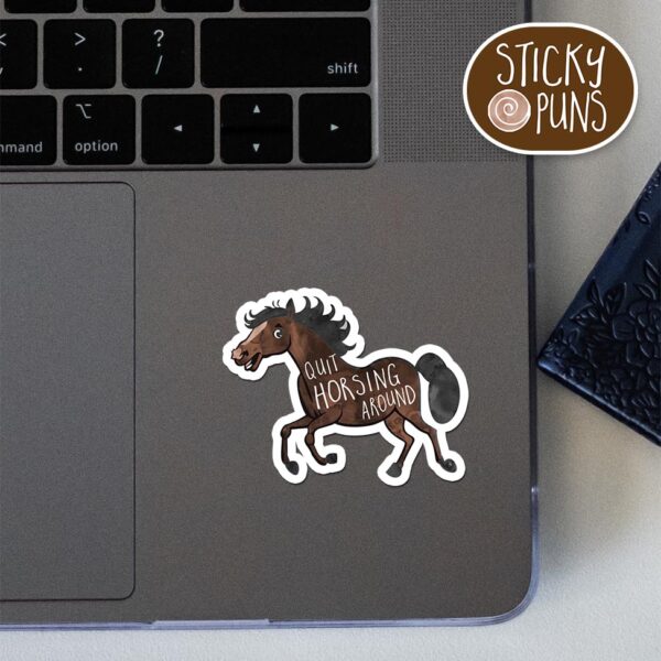 funny horse pun sticker on a laptop