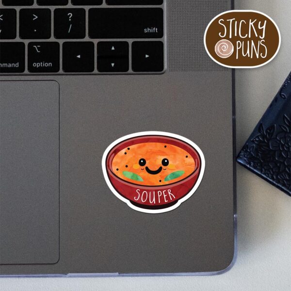 cute kawaii soup pun sticker on a laptop