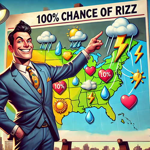 A humorous weather forecast scene featuring a charismatic character in a suit, confidently pointing to a colorful weather map with cartoon icons