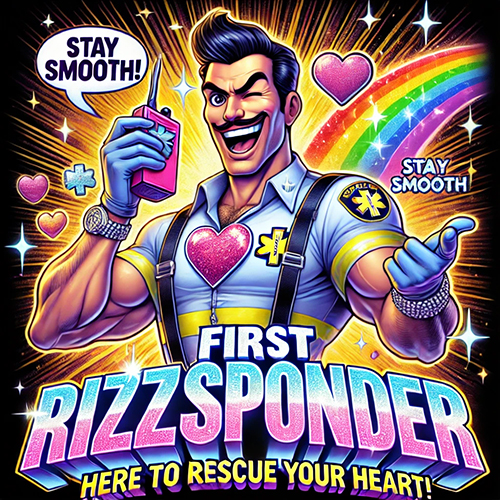 A cartoonish paramedic in a flashy uniform with "Rizz Master" glittered across the chest, exaggeratedly winking and blowing kisses. The character is holding a giant heart-shaped walkie-talkie emitting sparkling hearts and rainbows. The bold neon text at the top reads "First Rizzsponder," surrounded by cheesy speech bubbles with phrases like "Stay smooth!" and "Here to rescue your heart!" The background is filled with sparkles, emojis, and over-the-top charm elements.