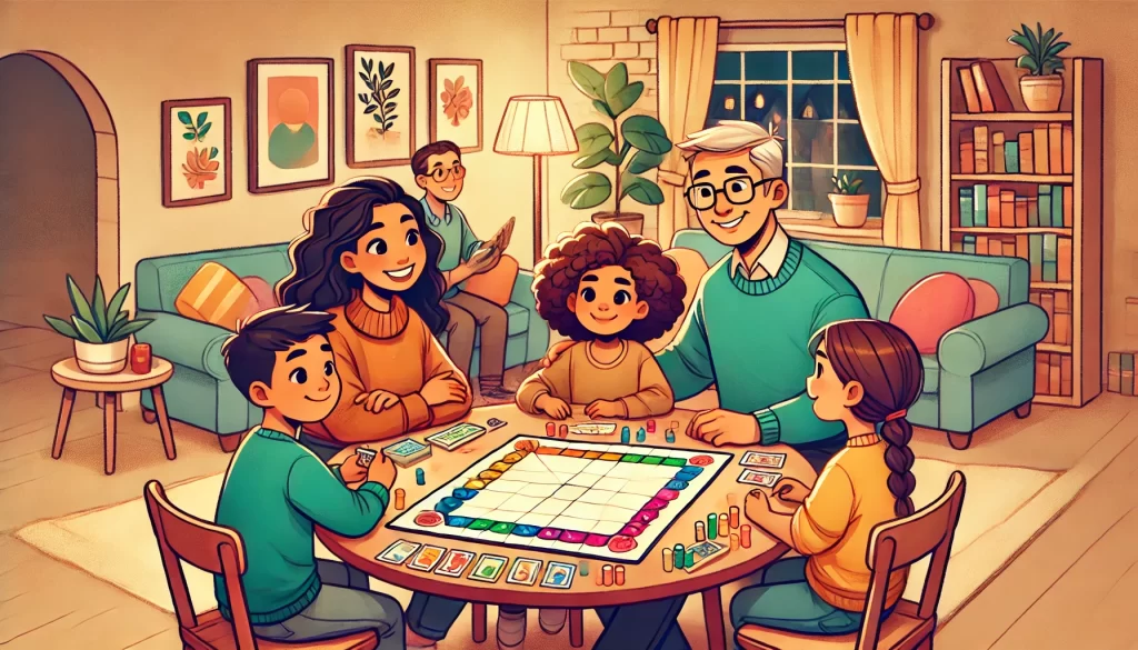 Multicultural family playing a play on words game at a table in a cozy living room.