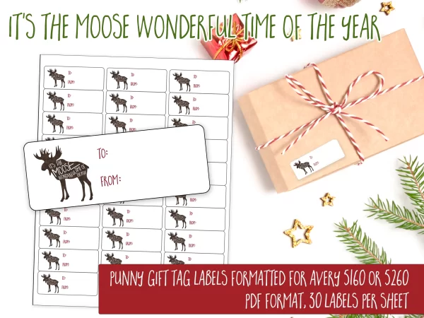 funny Christmas gift tag with moose and holiday message