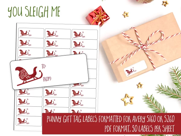 funny Christmas gift tag with red sleigh